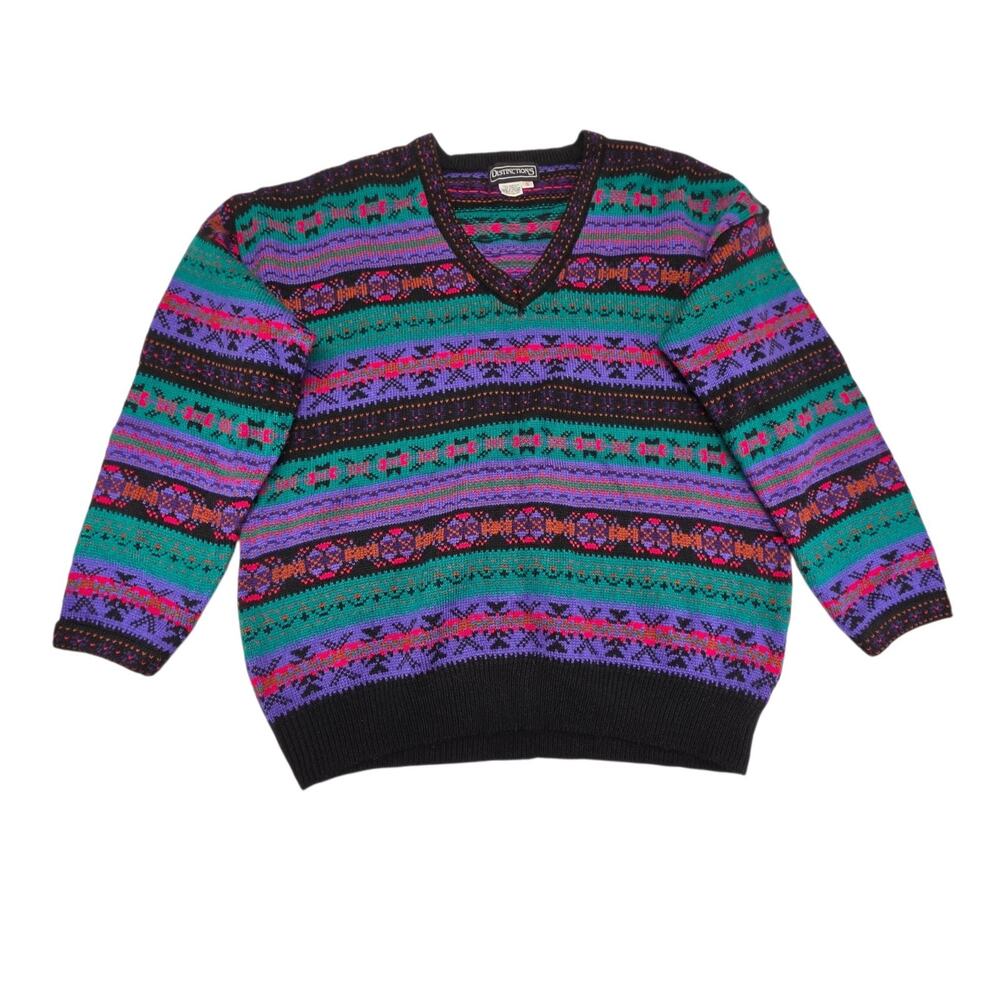 Vintage Ski Sweater Womens Plus Size 1X Knit Pullover Crewneck 80s 90s Colorful